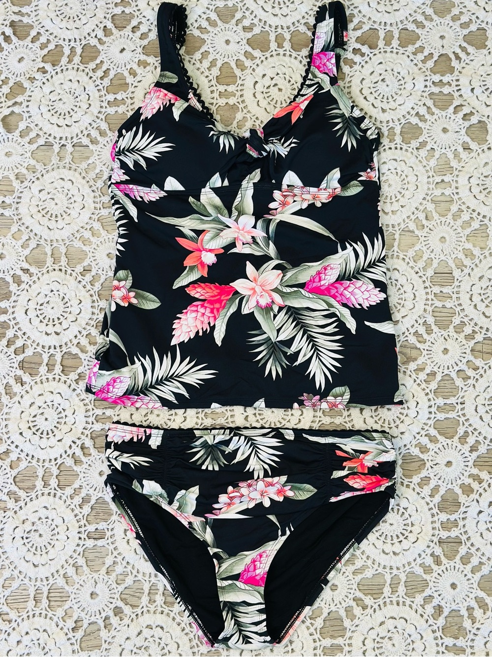 Tommy Bahama Black Tropical Floral Tankini Set Sz M Beachy